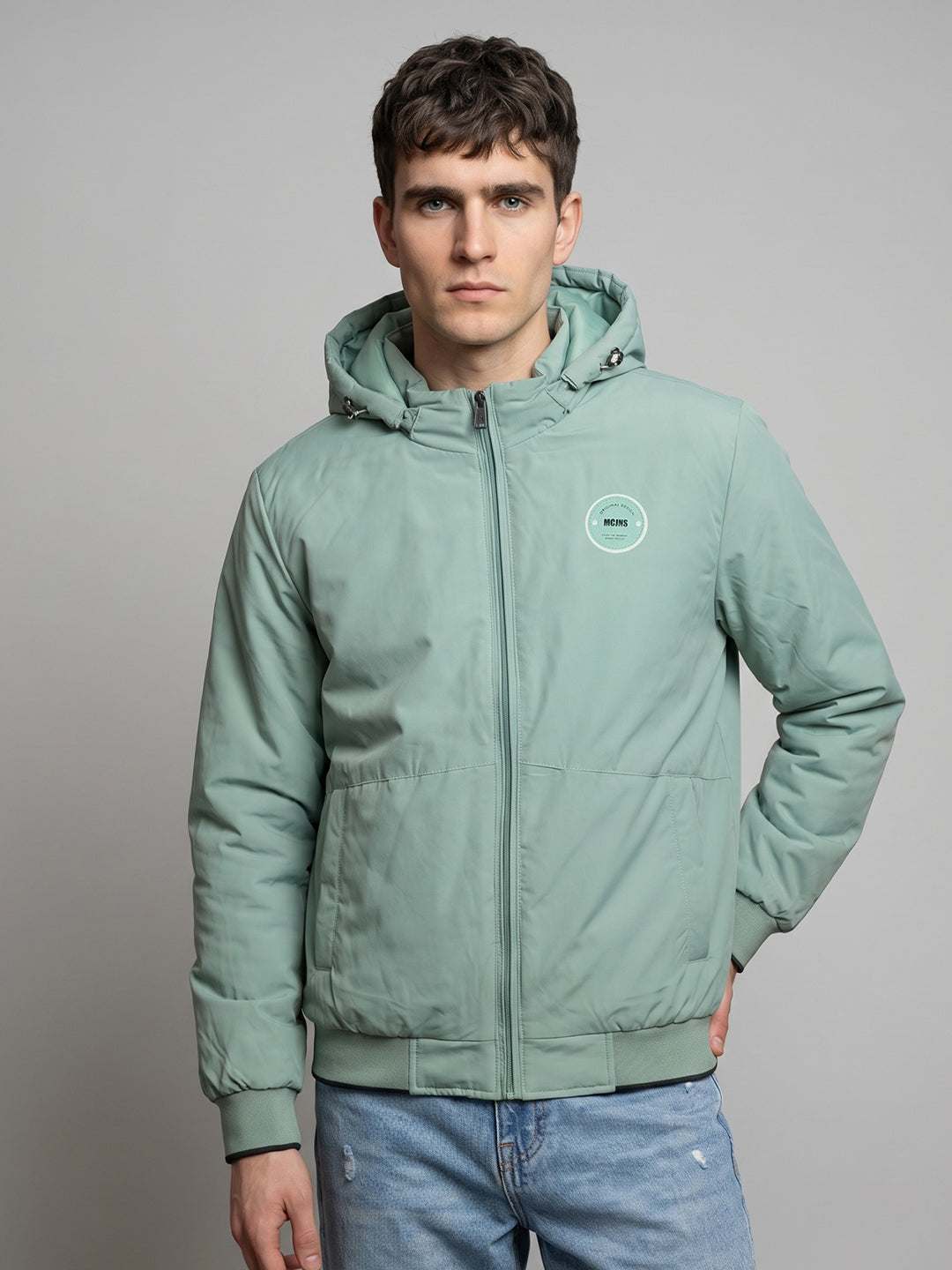 Men Light Green Solid Hooded Full Sleeve Jacket