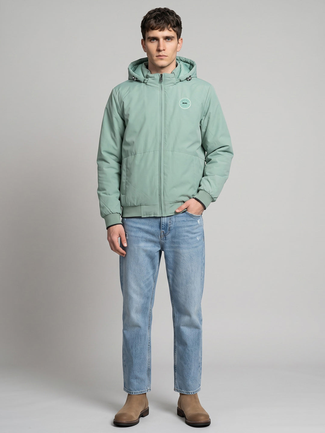 Men Light Green Solid Hooded Full Sleeve Jacket