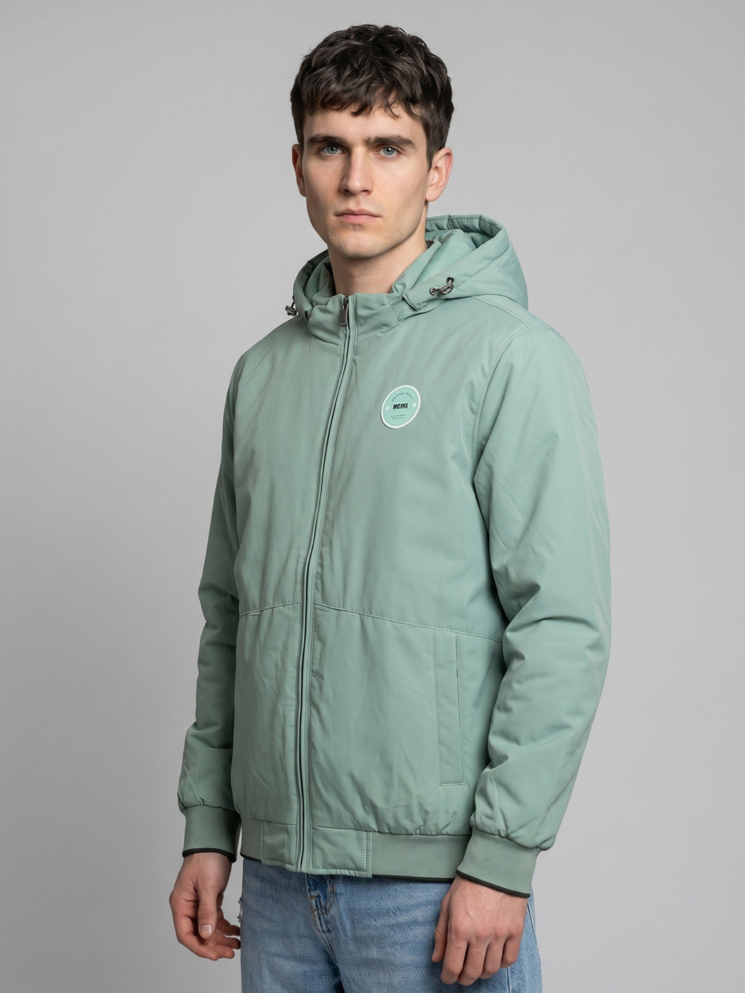 Men Light Green Solid Hooded Full Sleeve Jacket