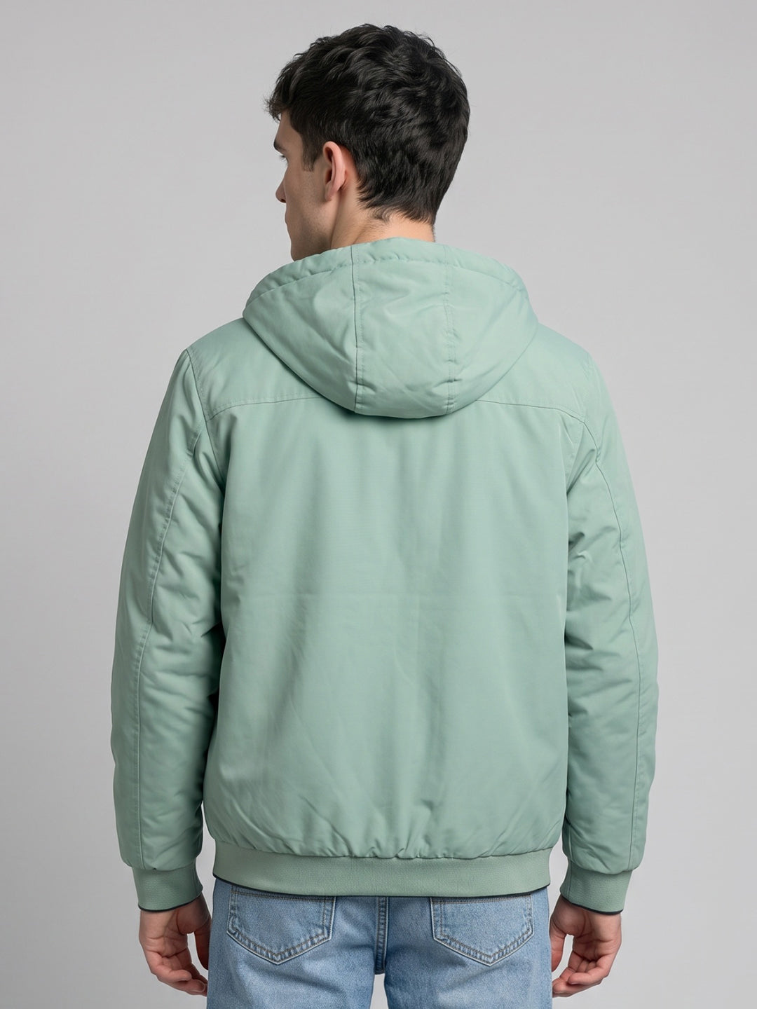 Men Light Green Solid Hooded Full Sleeve Jacket