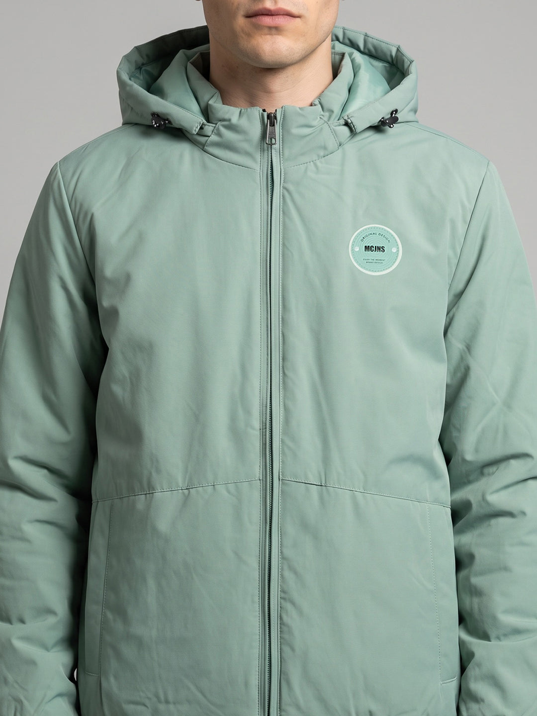 Men Light Green Solid Hooded Full Sleeve Jacket