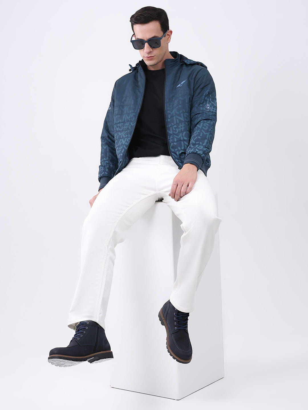 Men Navy Blue Printed Hooded Full Sleeve Jacket