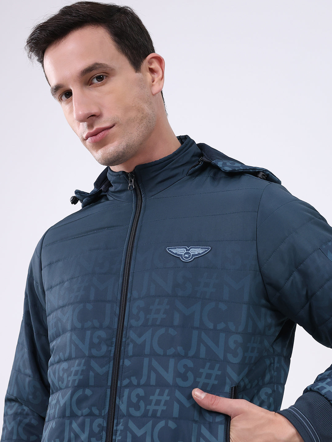 Men Navy Blue Printed Hooded Full Sleeve Jacket