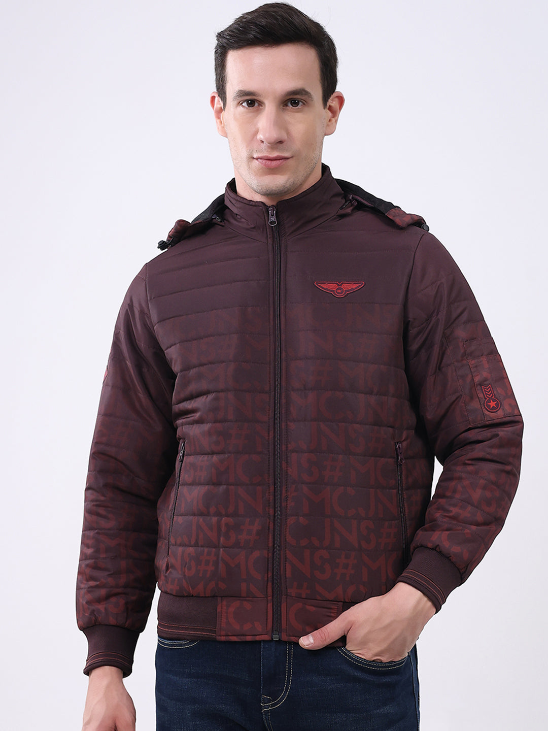 Men Burgundy Printed Hooded Full Sleeve Jacket