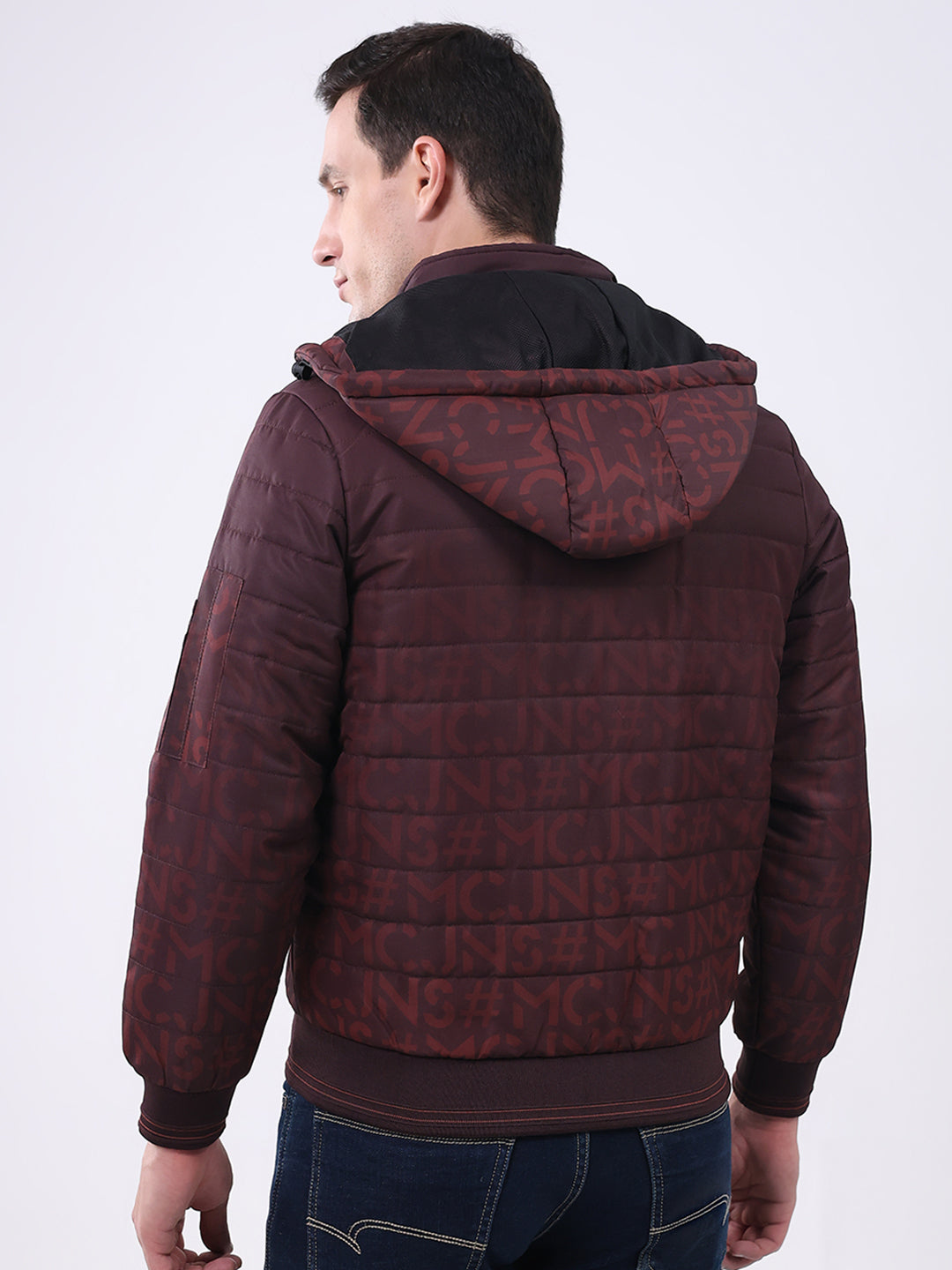 Men Burgundy Printed Hooded Full Sleeve Jacket