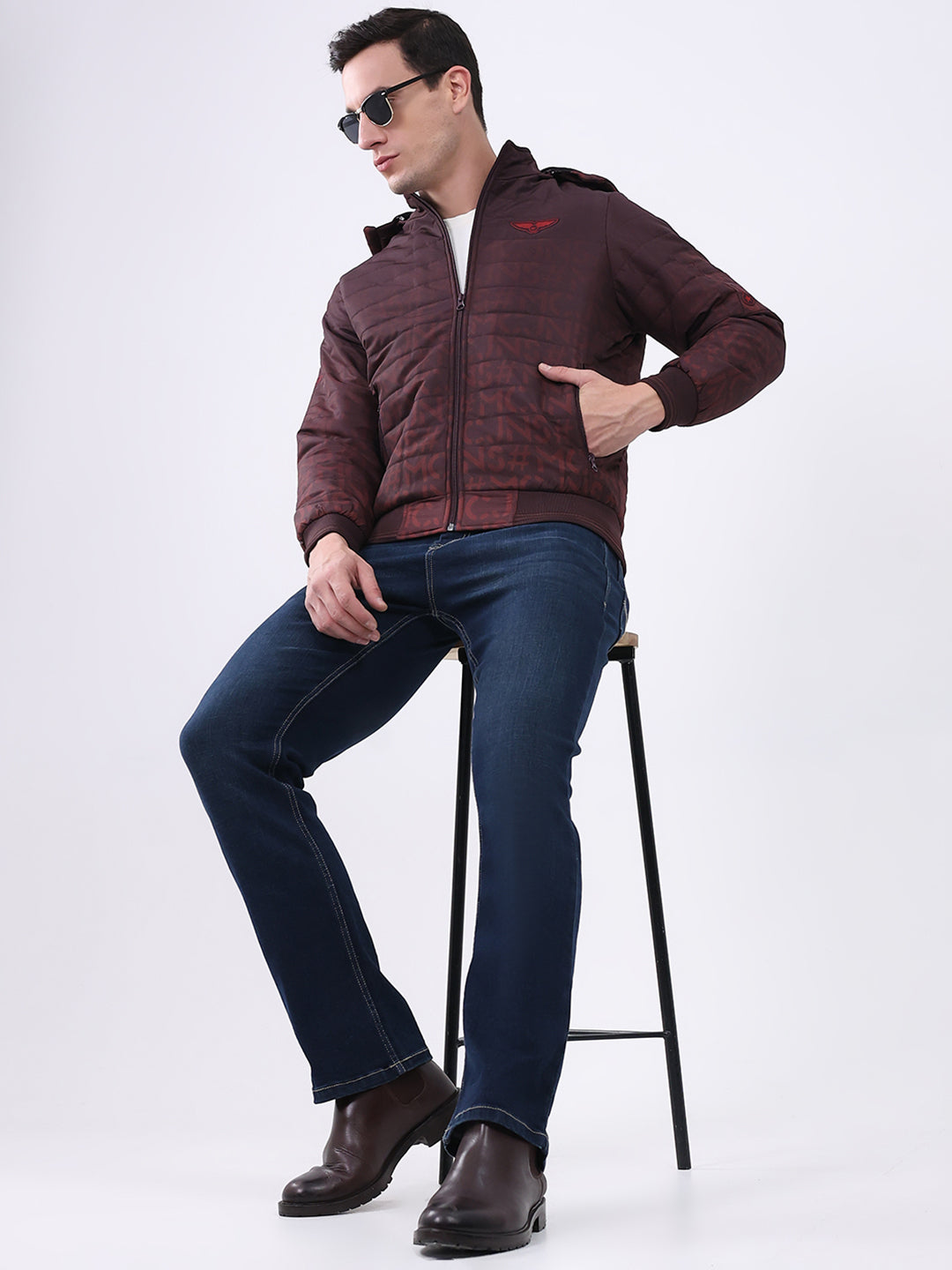 Men Burgundy Printed Hooded Full Sleeve Jacket