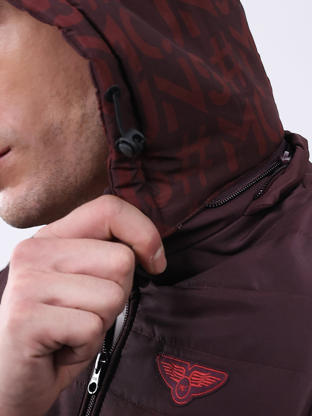 Men Burgundy Printed Hooded Full Sleeve Jacket