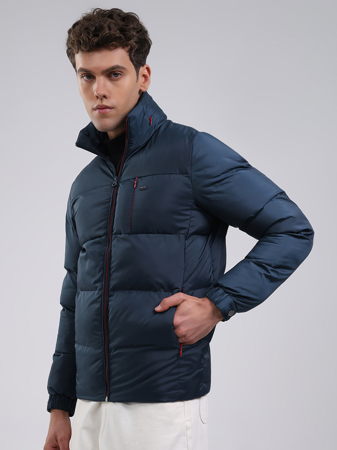 Men Navy Blue Solid Hooded Full Sleeve Jacket