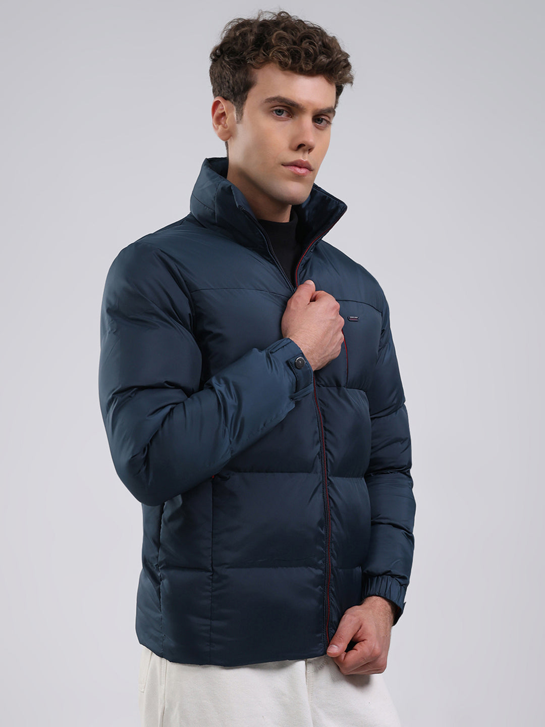 Men Navy Blue Solid Hooded Full Sleeve Jacket