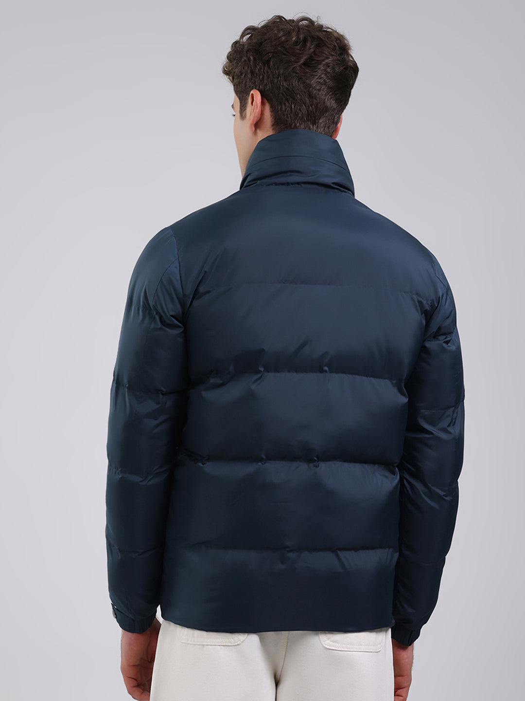 Men Navy Blue Solid Hooded Full Sleeve Jacket