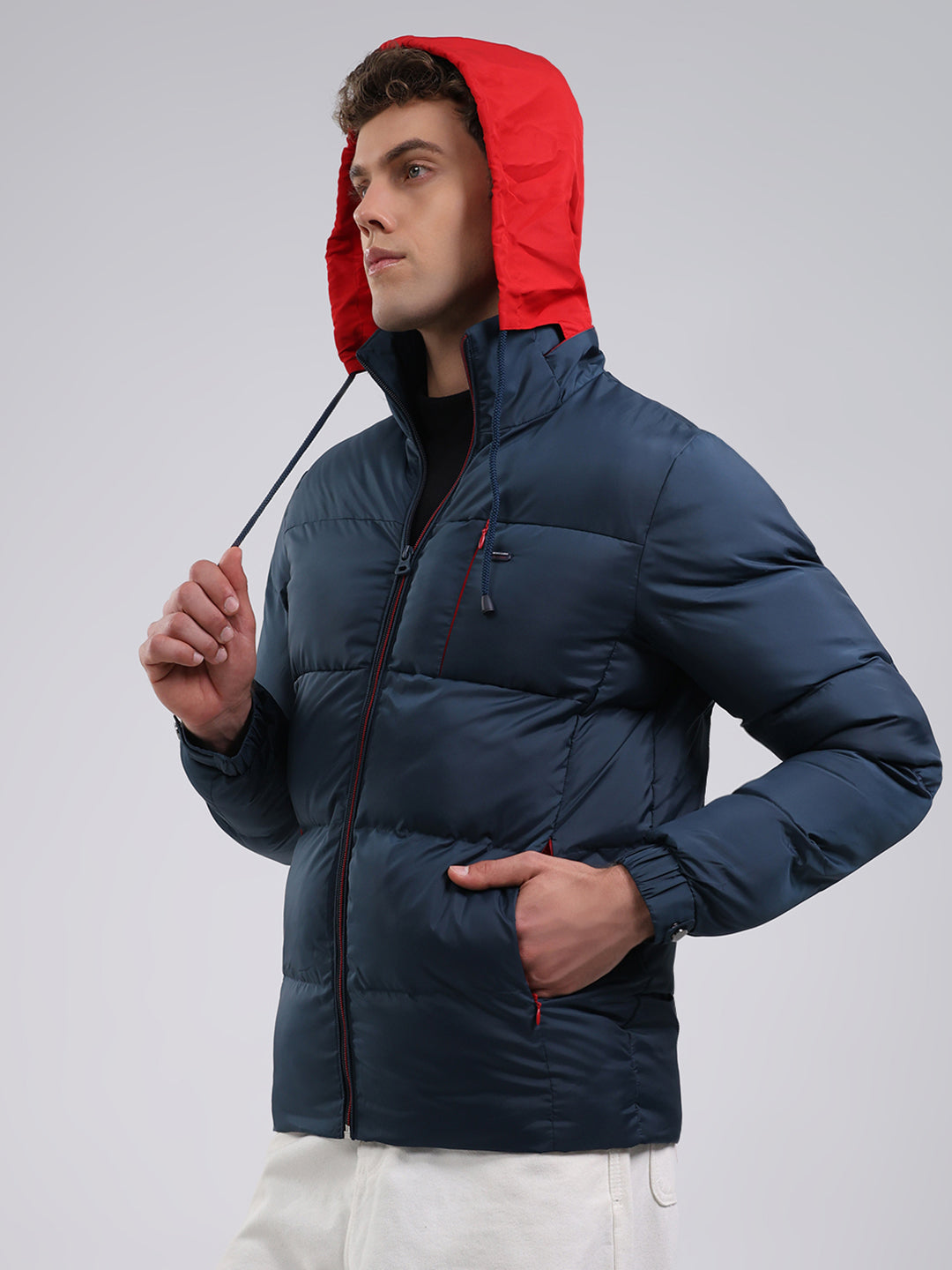 Men Navy Blue Solid Hooded Full Sleeve Jacket
