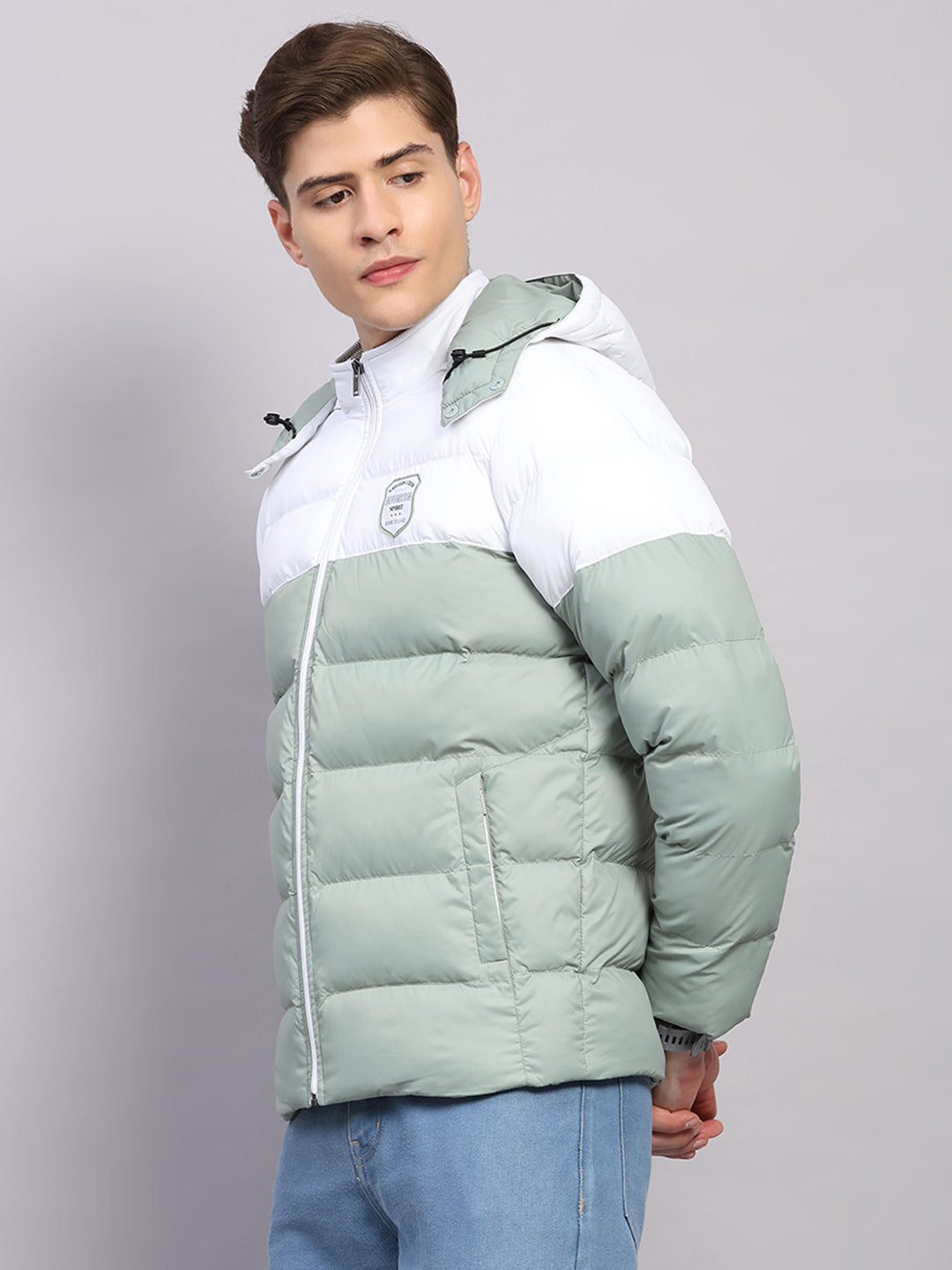 Men Sea Green Solid Hooded Full Sleeve Jacket