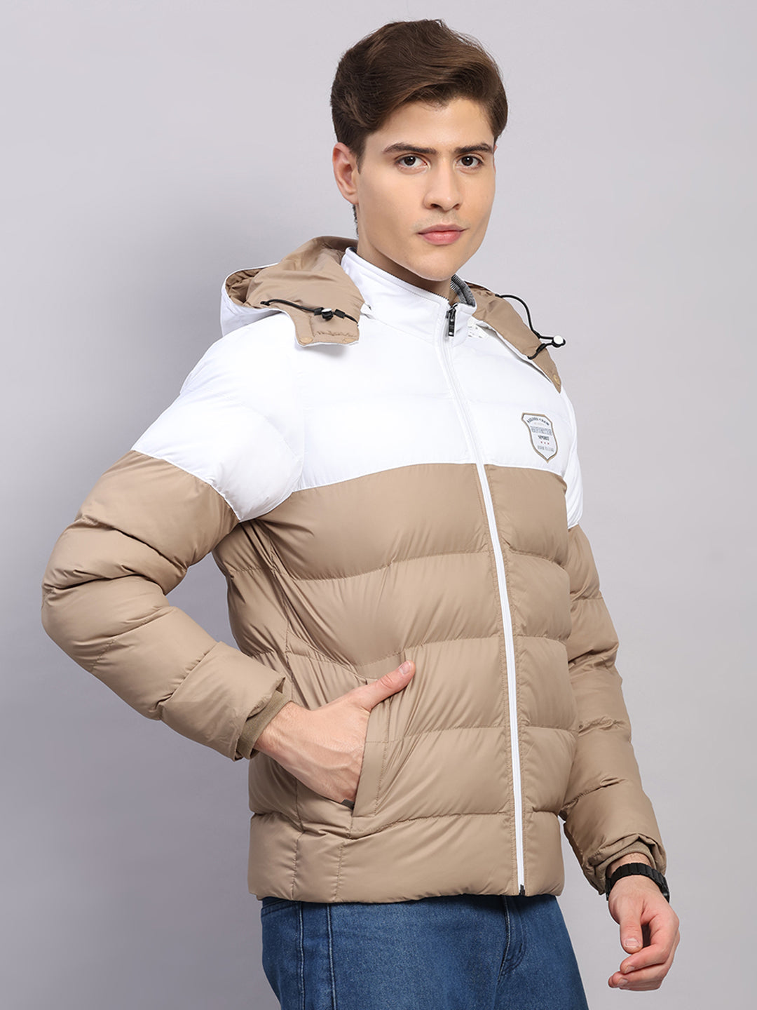 Men Beige Solid Hooded Full Sleeve Jacket