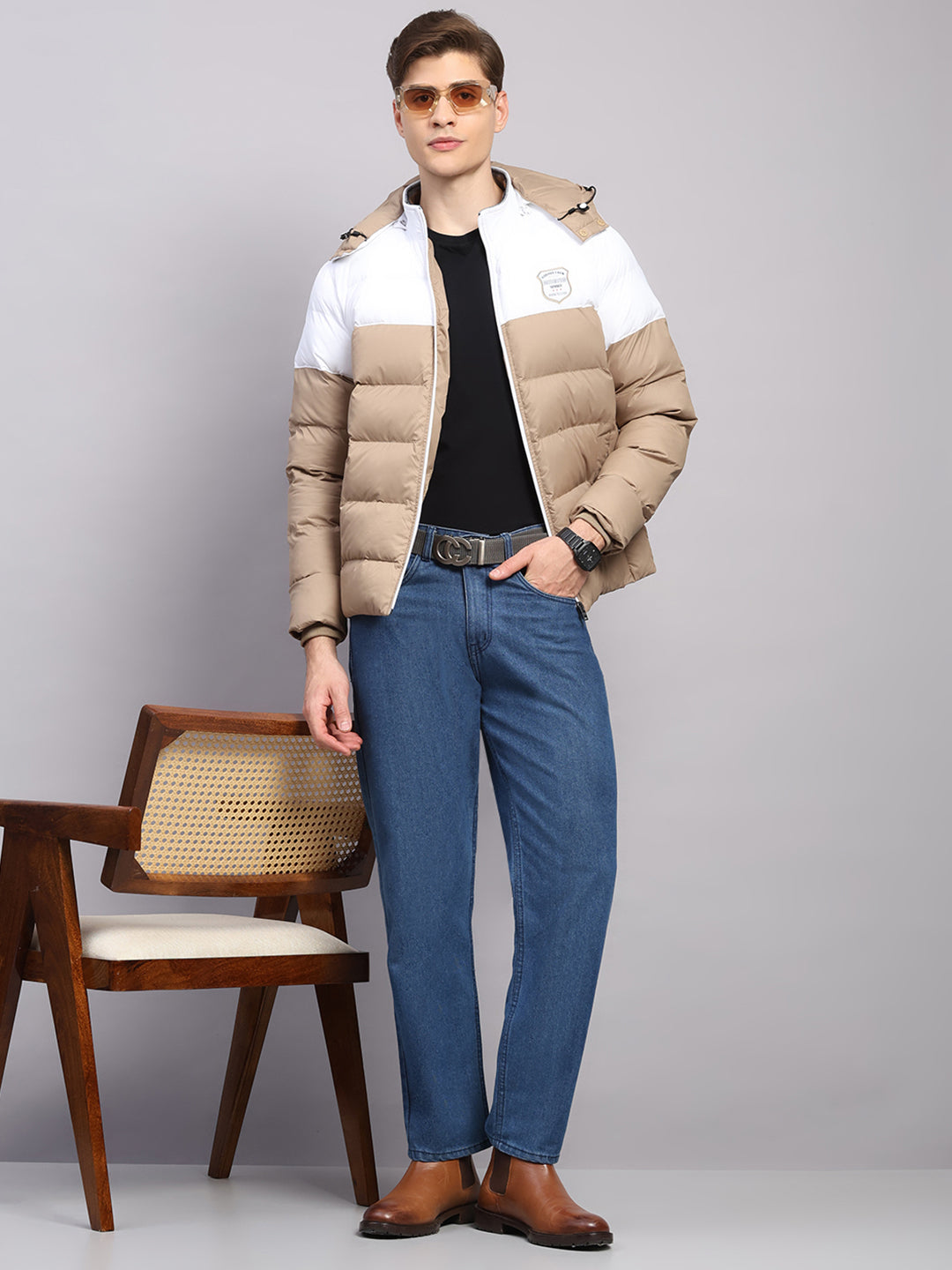 Men Beige Solid Hooded Full Sleeve Jacket