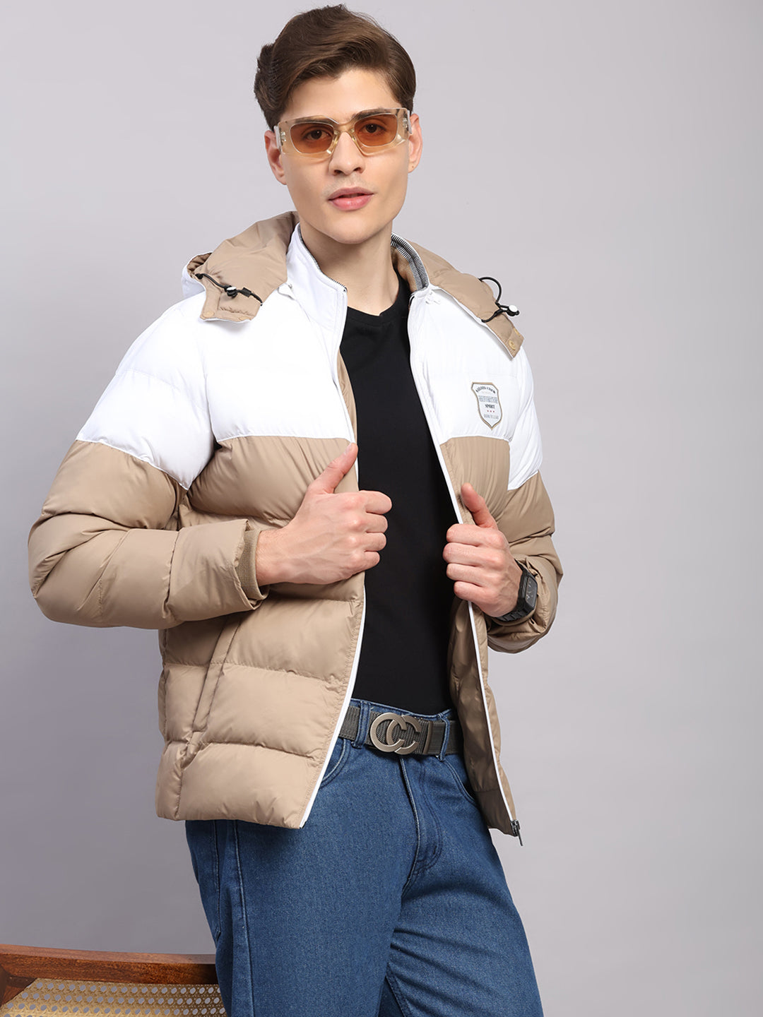 Men Beige Solid Hooded Full Sleeve Jacket