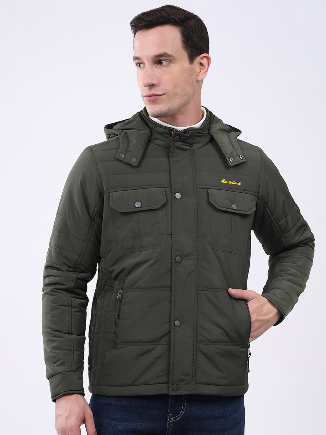 Men Olive Solid Hooded Full Sleeve Jacket