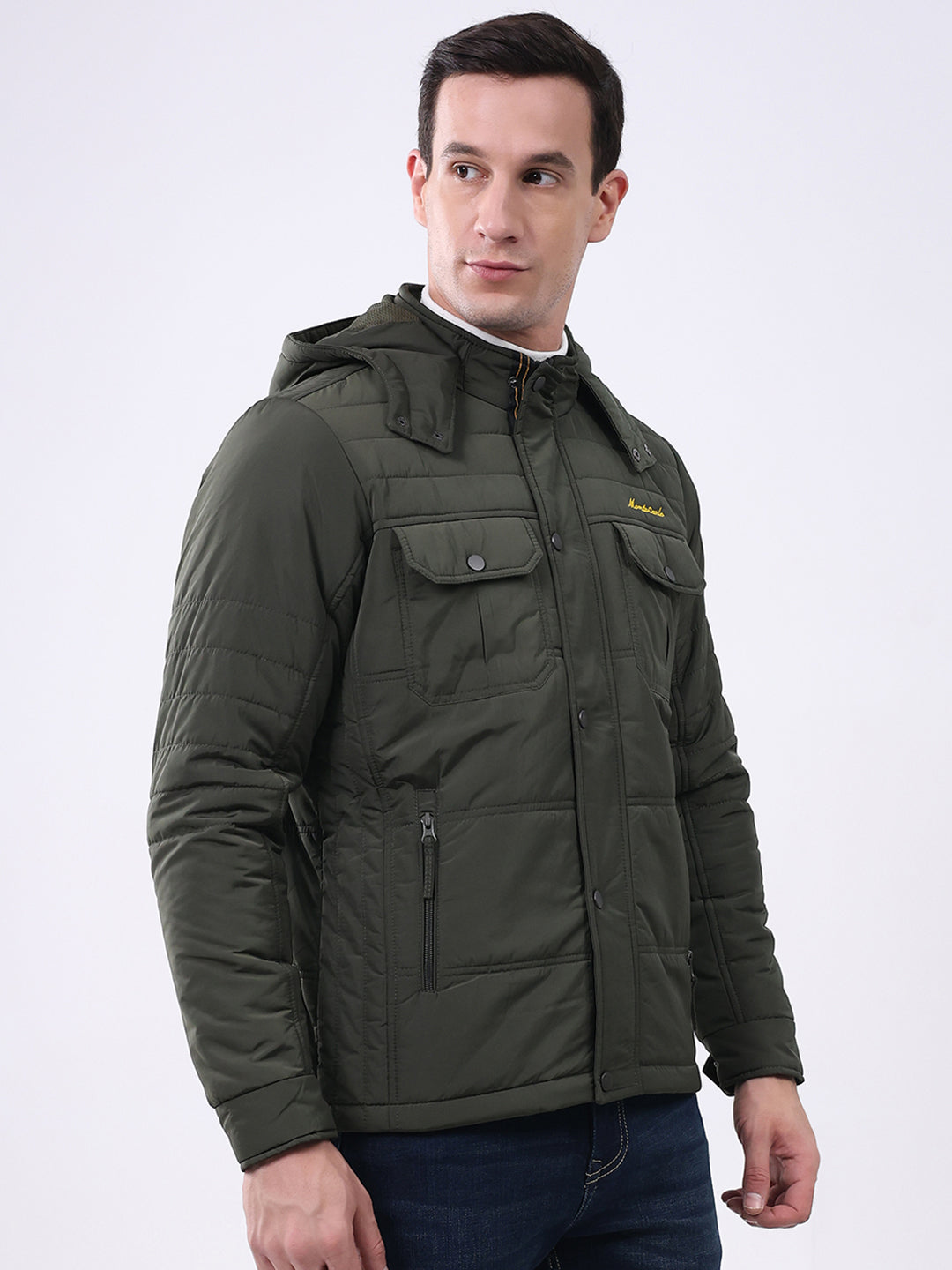 Men Olive Solid Hooded Full Sleeve Jacket