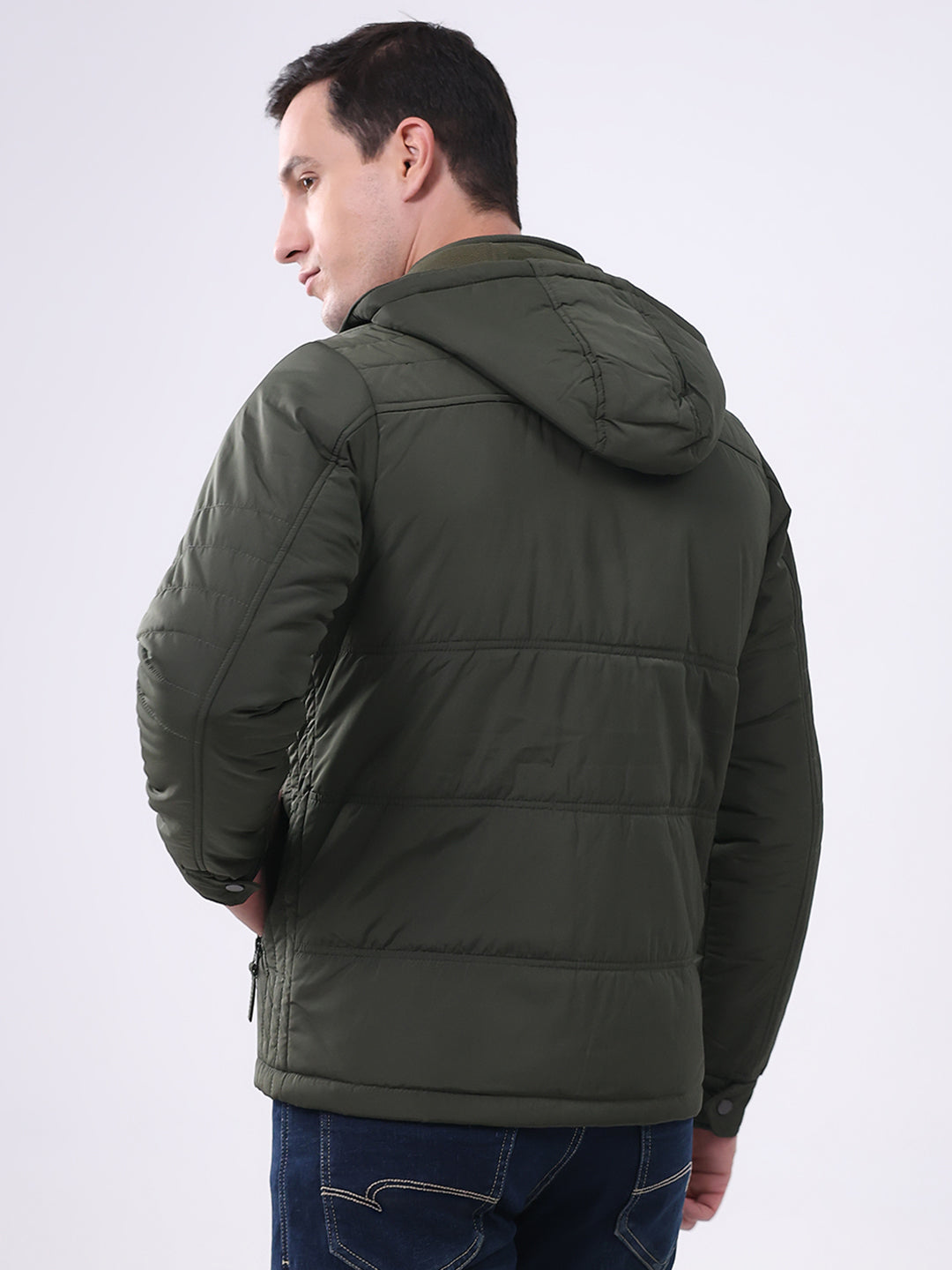 Men Olive Solid Hooded Full Sleeve Jacket