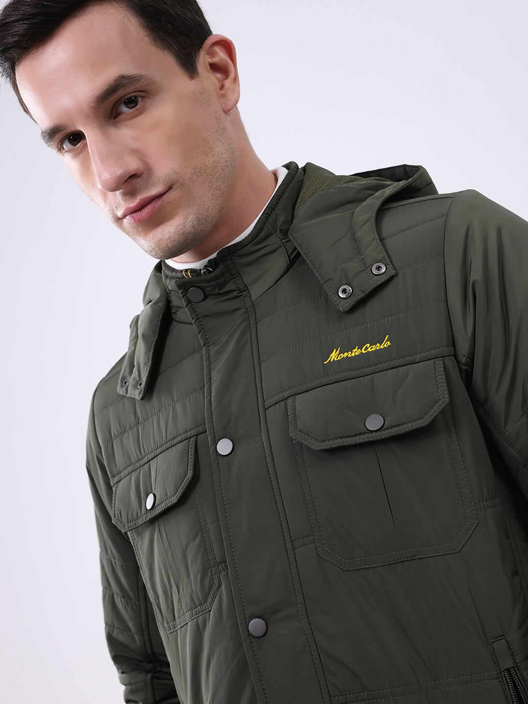 Men Olive Solid Hooded Full Sleeve Jacket