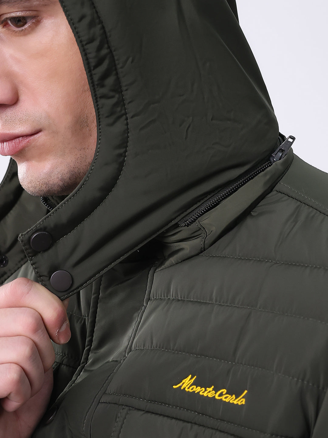 Men Olive Solid Hooded Full Sleeve Jacket