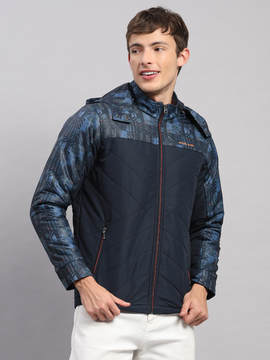 Men Navy Blue Solid Hooded Full Sleeve Jacket