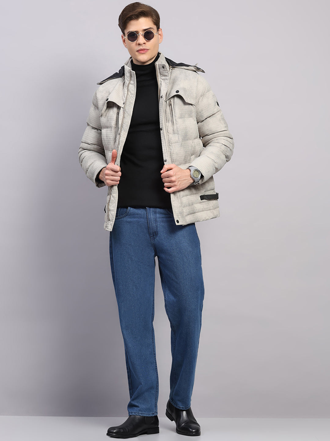 Men Beige Solid Hooded Full Sleeve Jacket