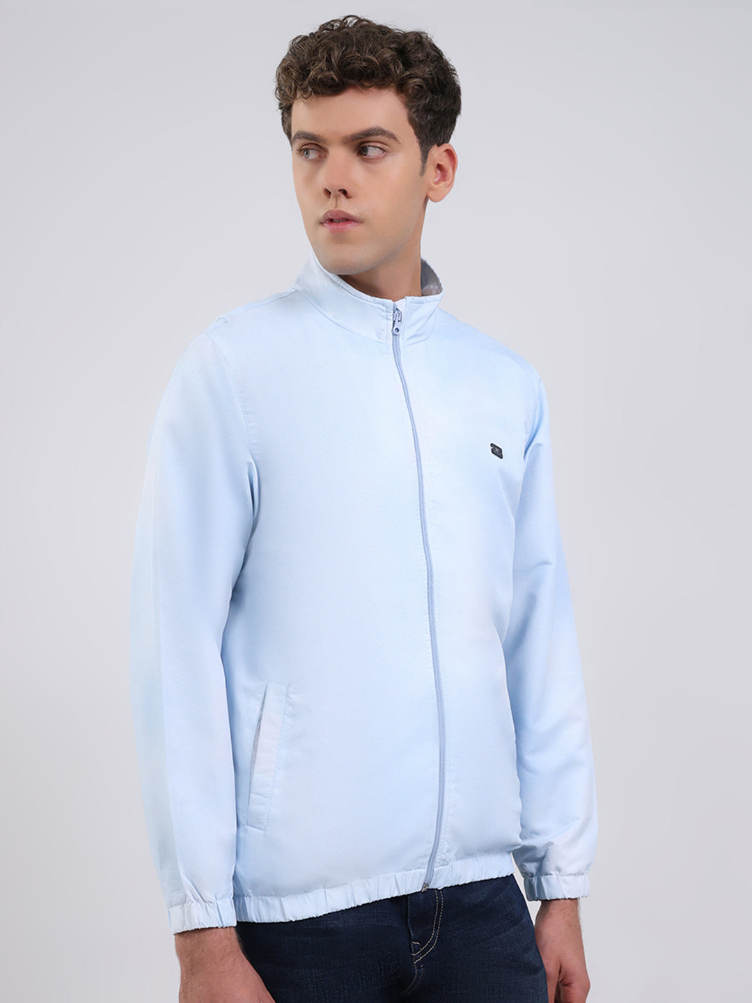 Men Sky Blue Solid Stand Collar Full Sleeve Jacket