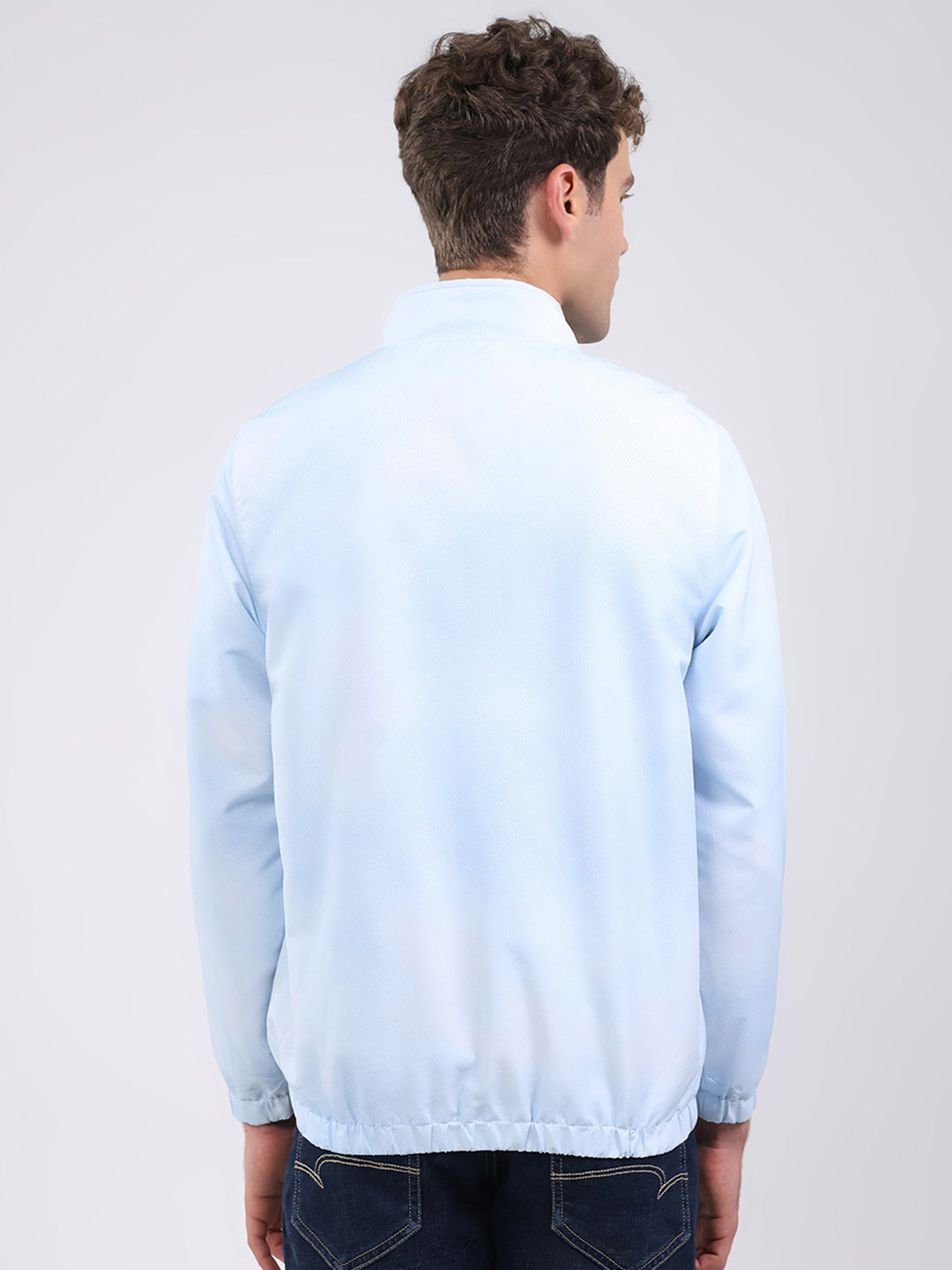 Men Sky Blue Solid Stand Collar Full Sleeve Jacket