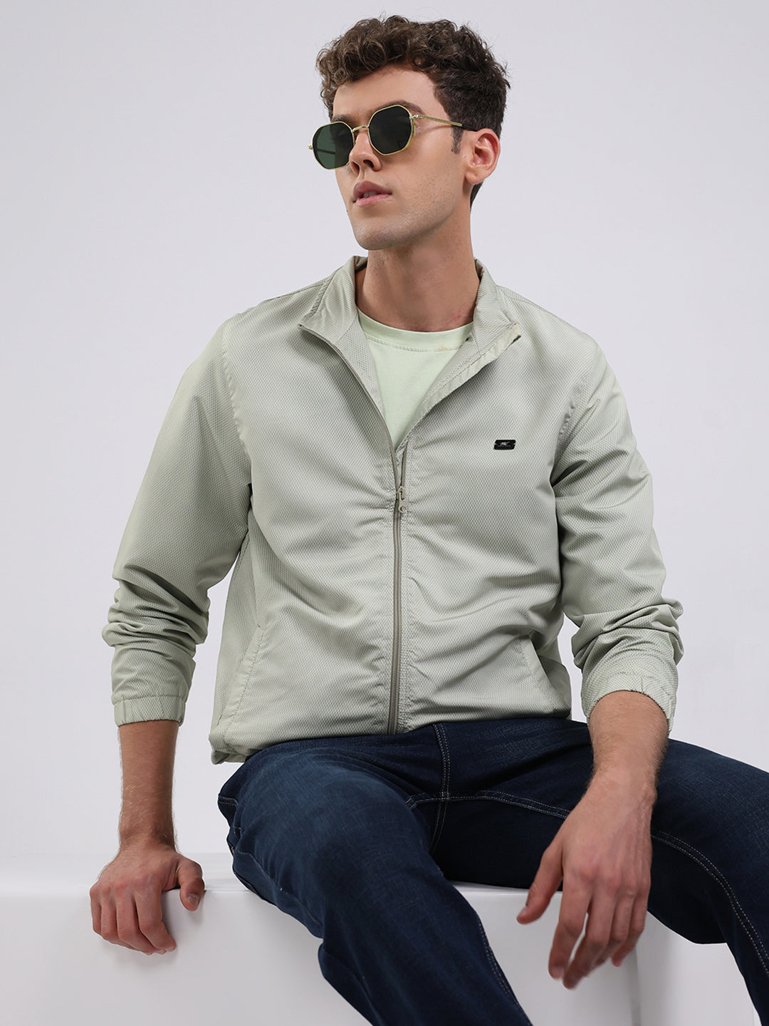 Men Green Solid Stand Collar Full Sleeve Jacket