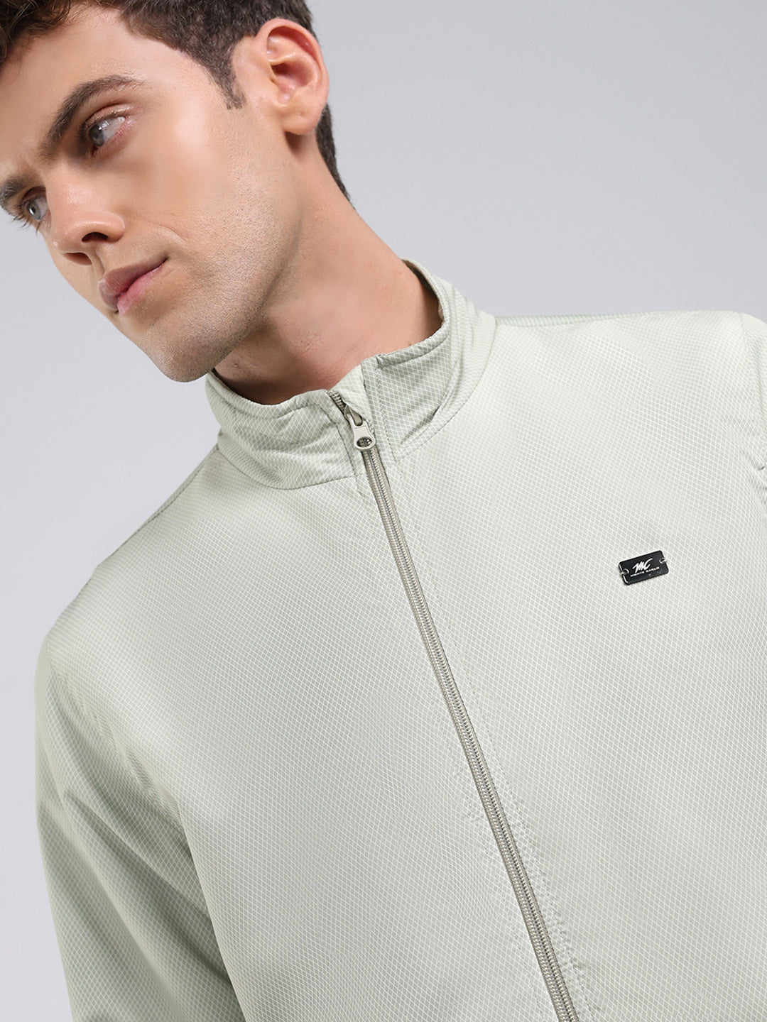 Men Green Solid Stand Collar Full Sleeve Jacket