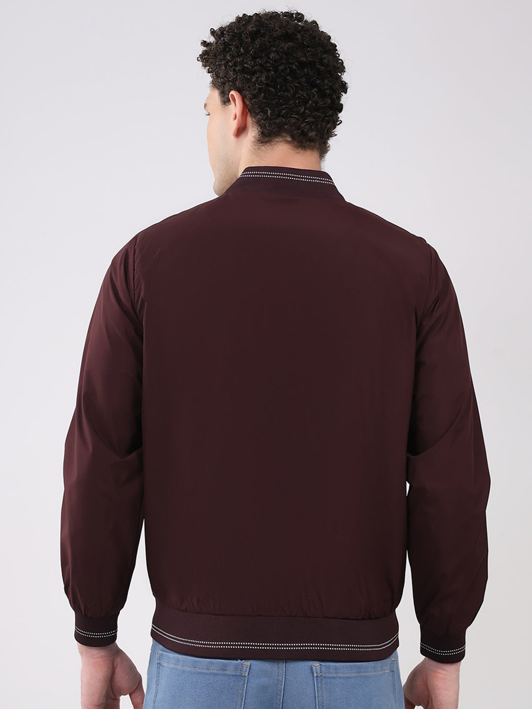 Men Burgundy Solid Collar Full Sleeve Jacket