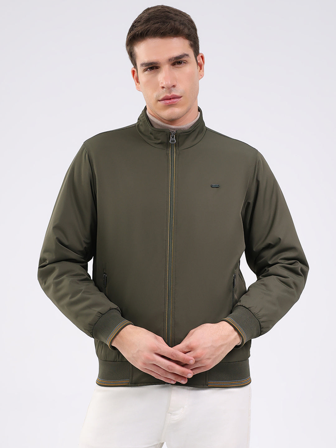 Men Olive Solid Mock Neck Full Sleeve Jacket