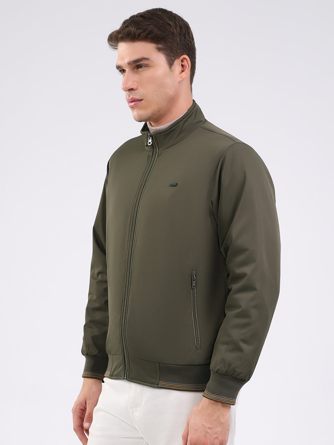 Men Olive Solid Mock Neck Full Sleeve Jacket