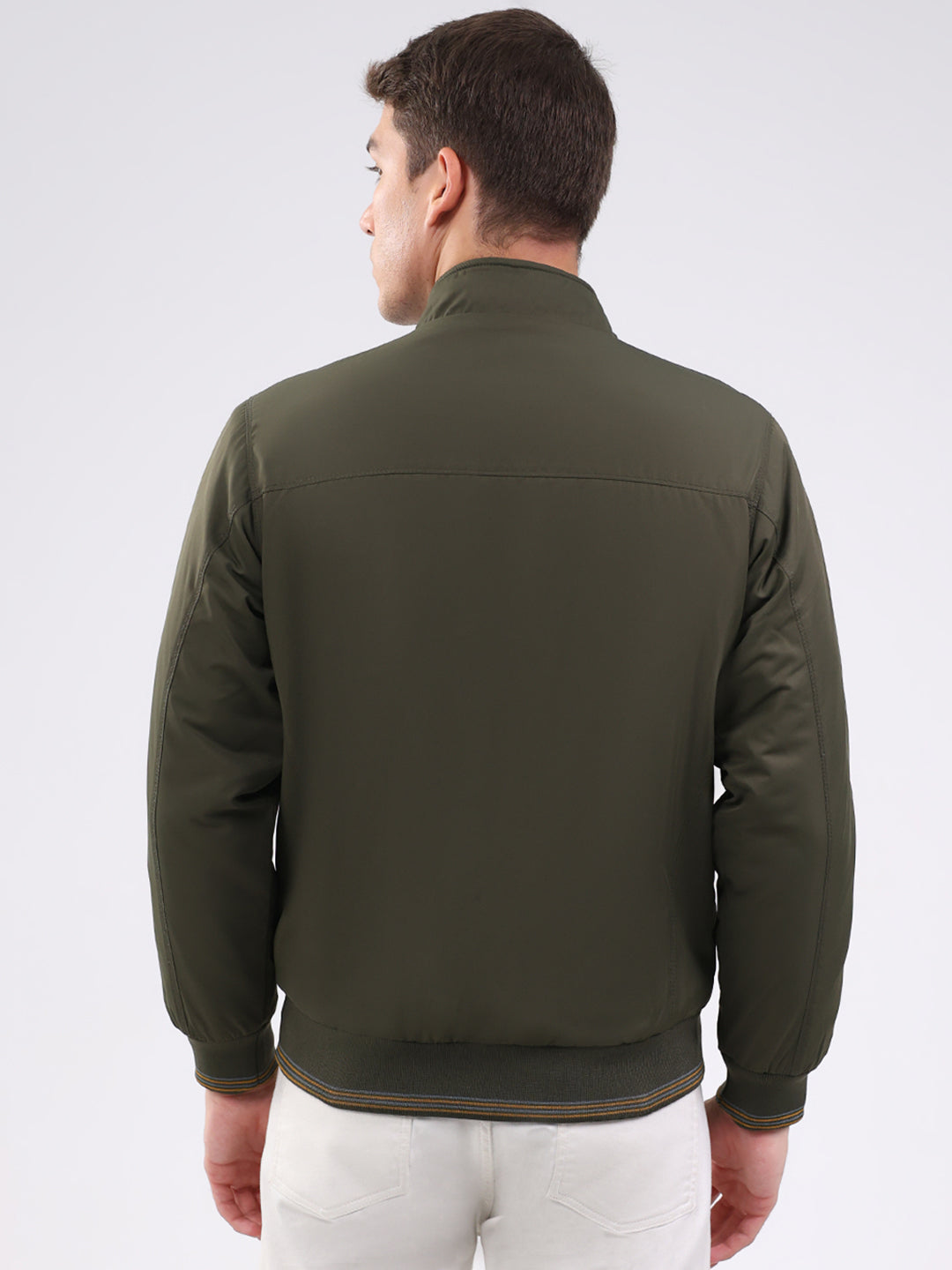Men Olive Solid Mock Neck Full Sleeve Jacket