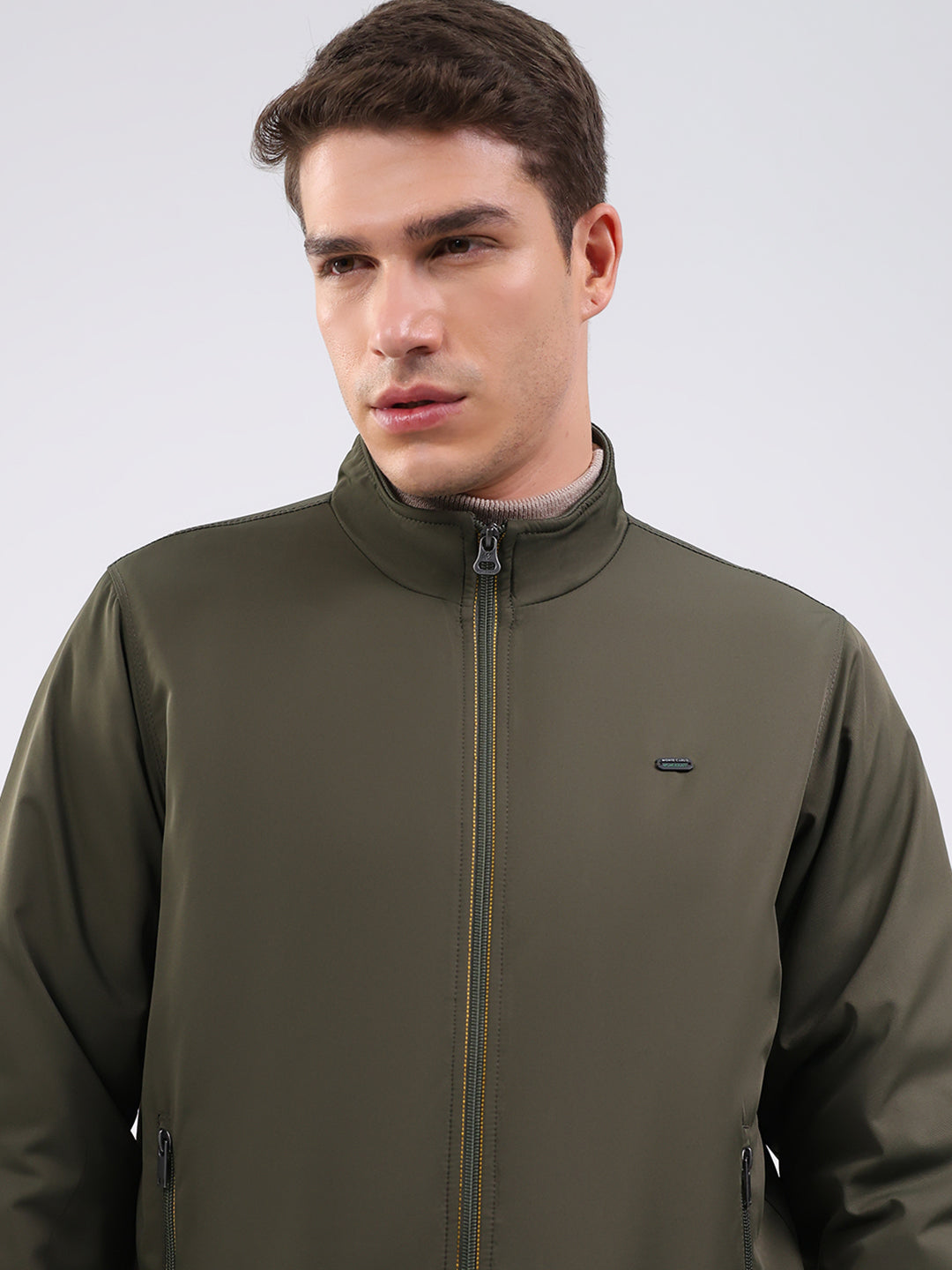Men Olive Solid Mock Neck Full Sleeve Jacket