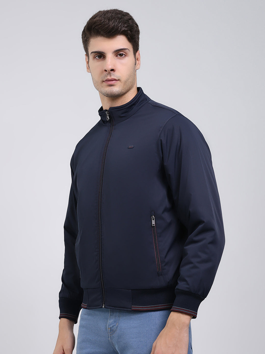 Men Navy Blue Solid Mock Neck Full Sleeve Jacket