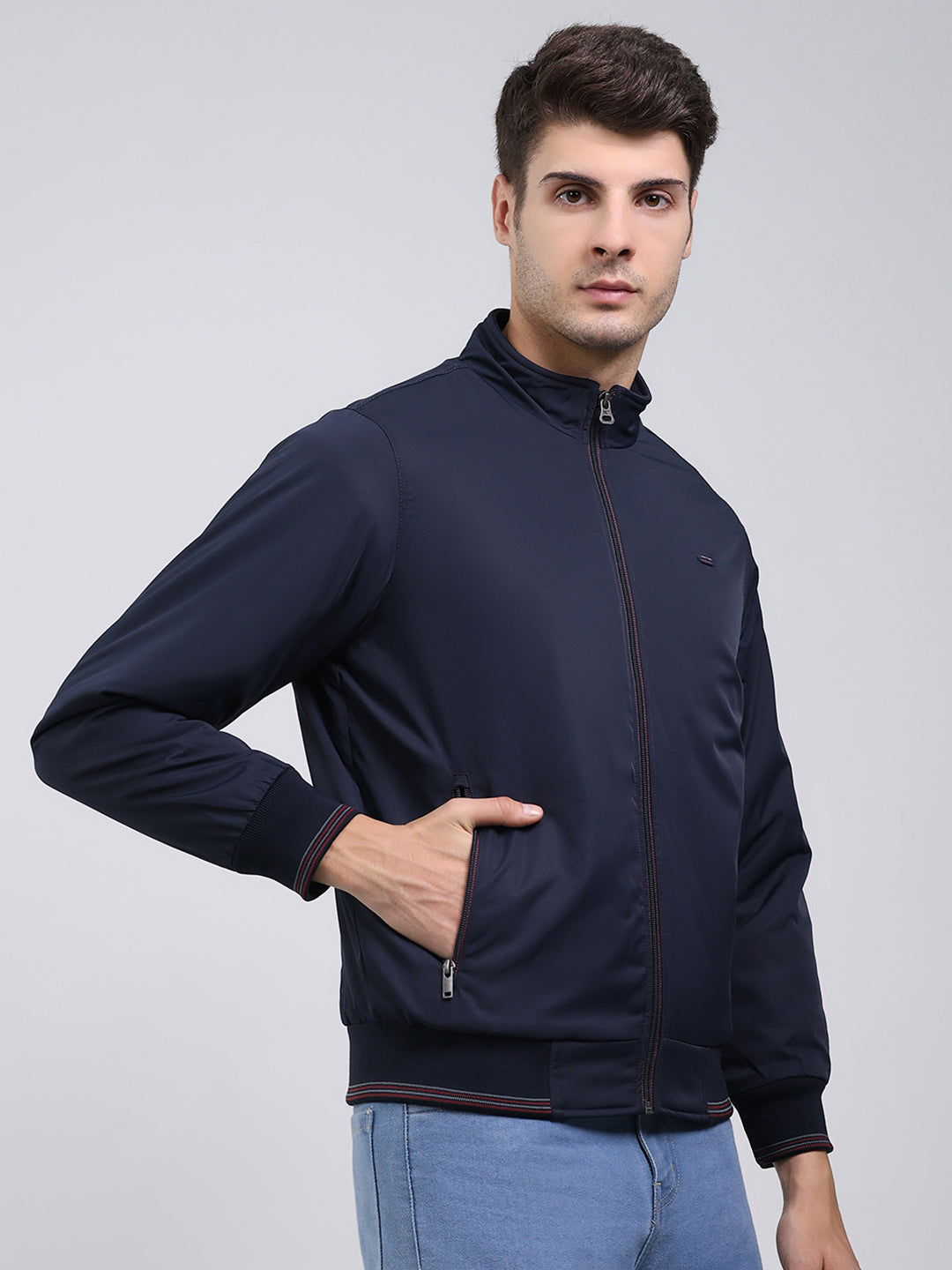 Men Navy Blue Solid Mock Neck Full Sleeve Jacket