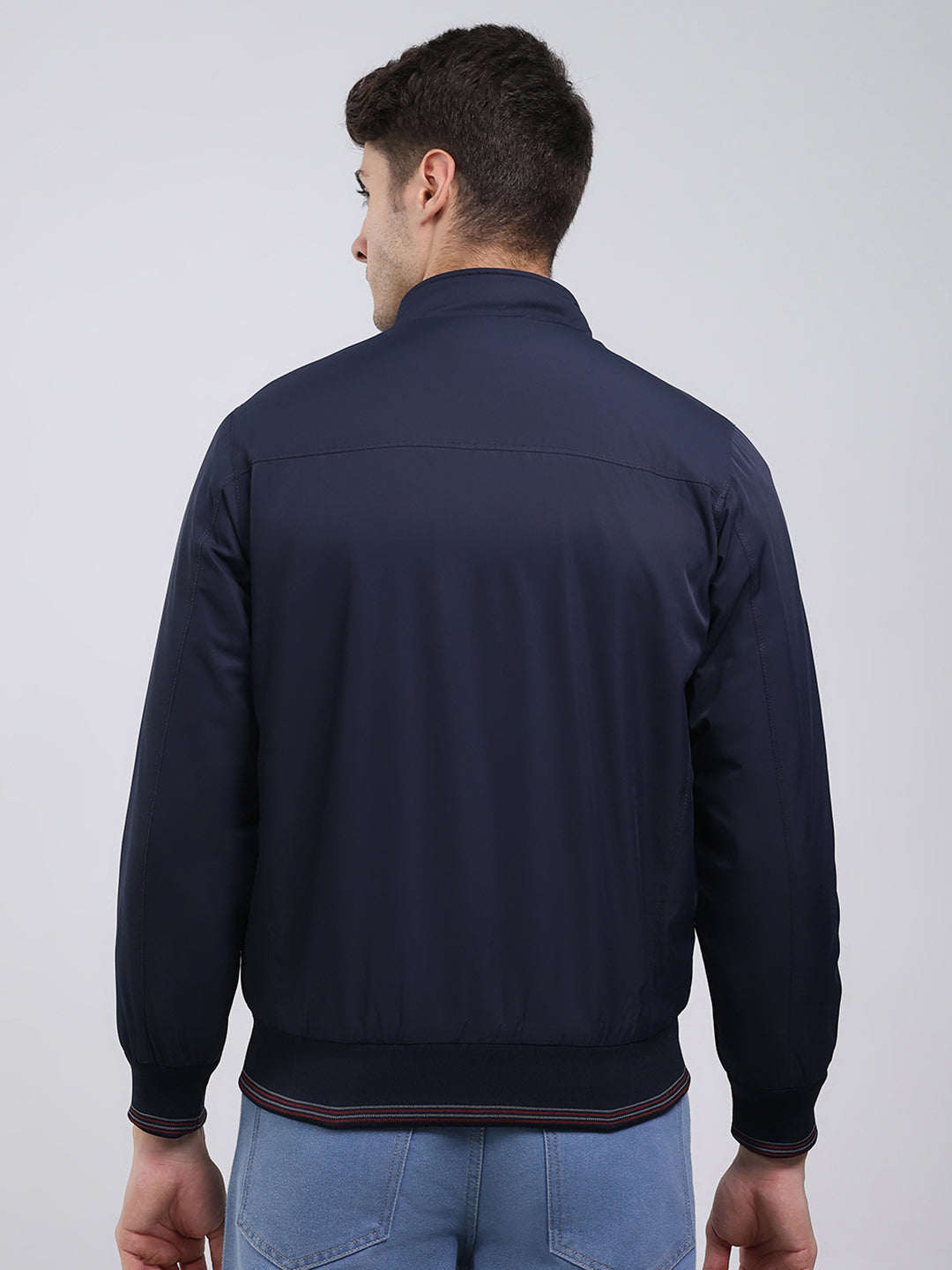 Men Navy Blue Solid Mock Neck Full Sleeve Jacket