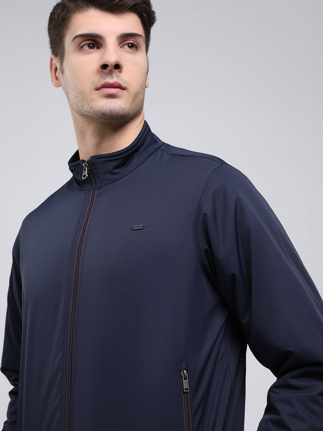 Men Navy Blue Solid Mock Neck Full Sleeve Jacket