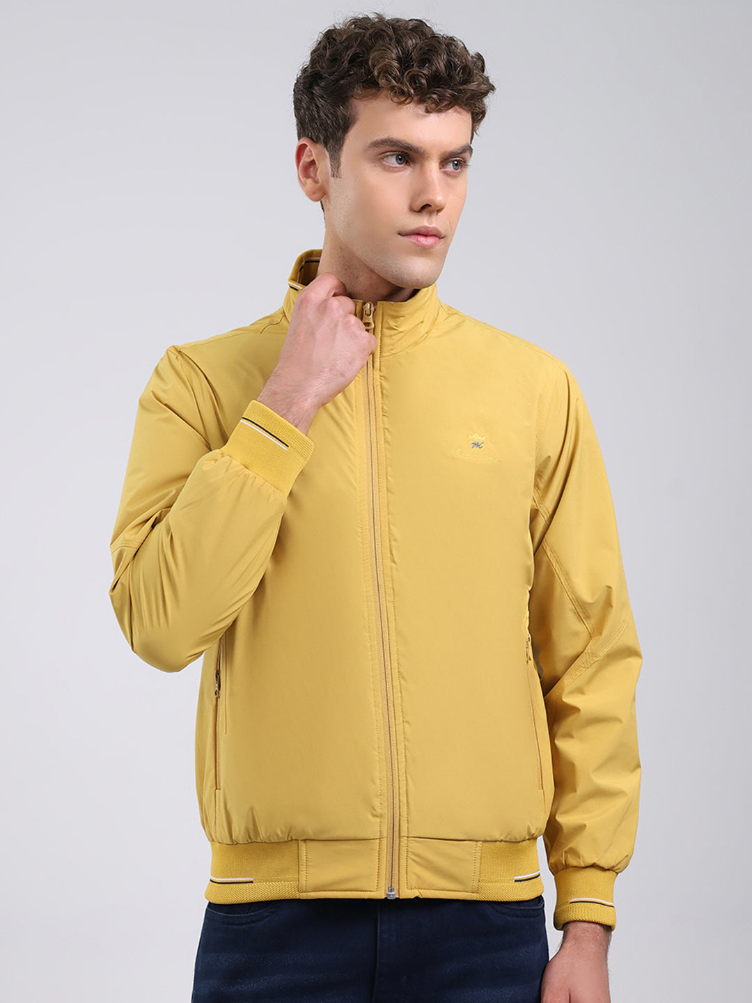 Men Yellow Solid Stand Collar Full Sleeve Jacket