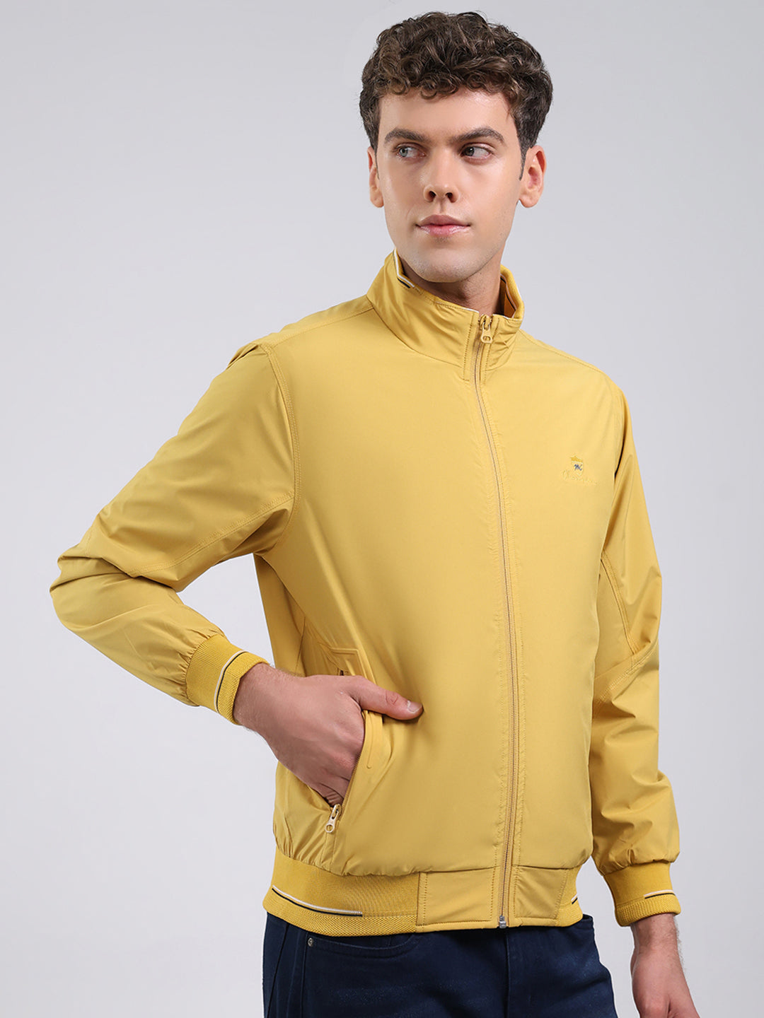 Men Yellow Solid Stand Collar Full Sleeve Jacket