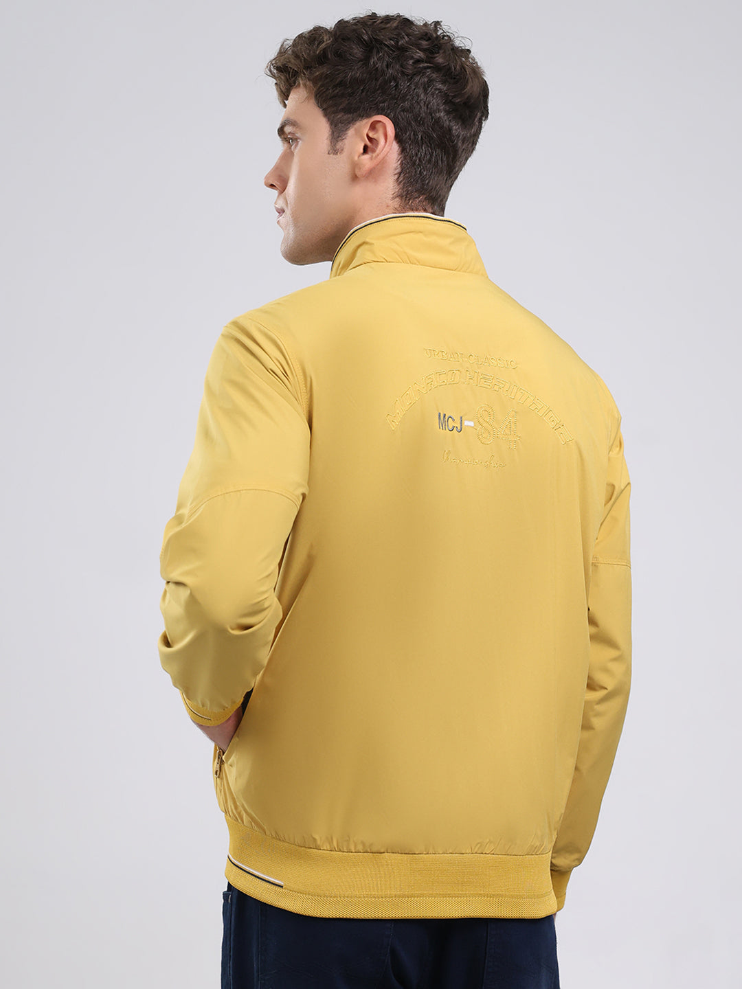Men Yellow Solid Stand Collar Full Sleeve Jacket