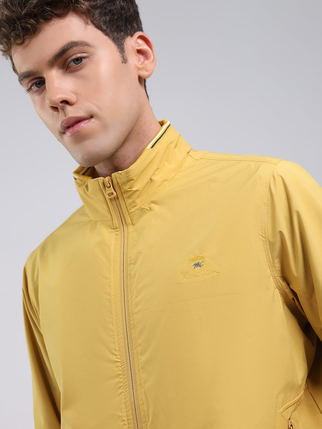 Men Yellow Solid Stand Collar Full Sleeve Jacket
