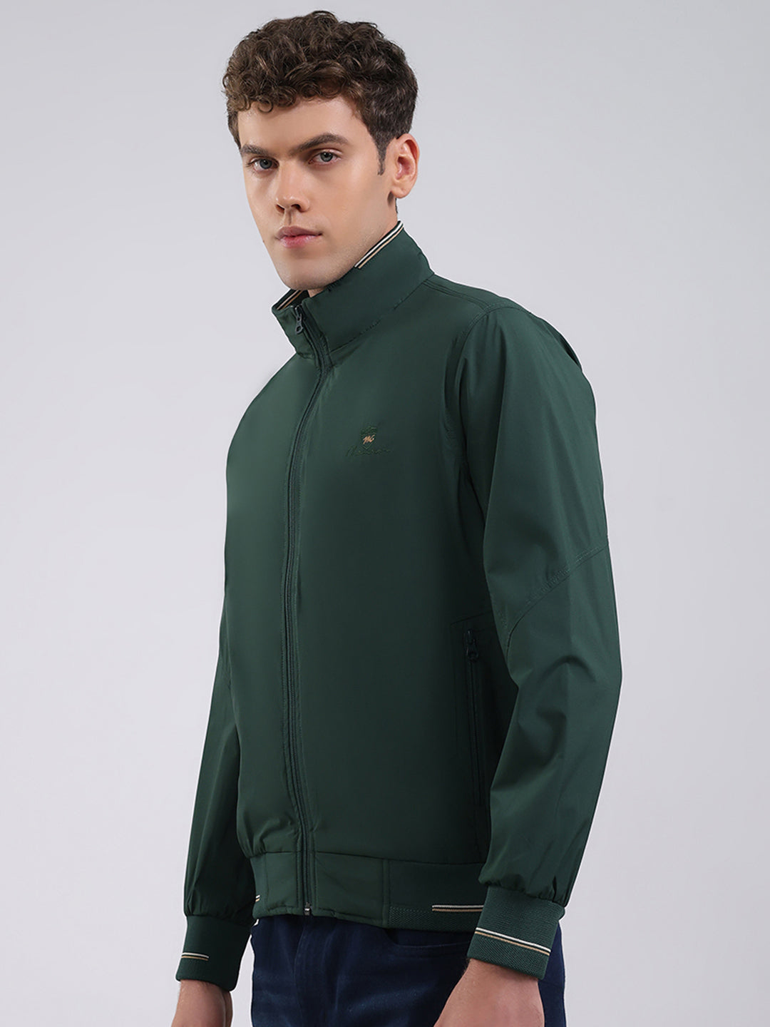 Men Green Solid Stand Collar Full Sleeve Jacket