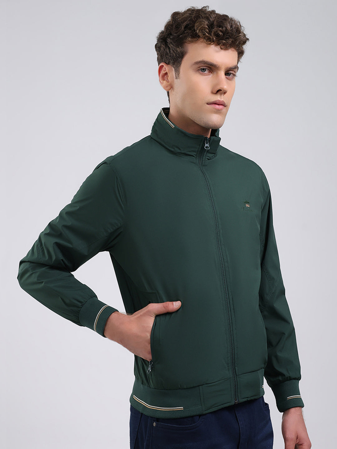 Men Green Solid Stand Collar Full Sleeve Jacket