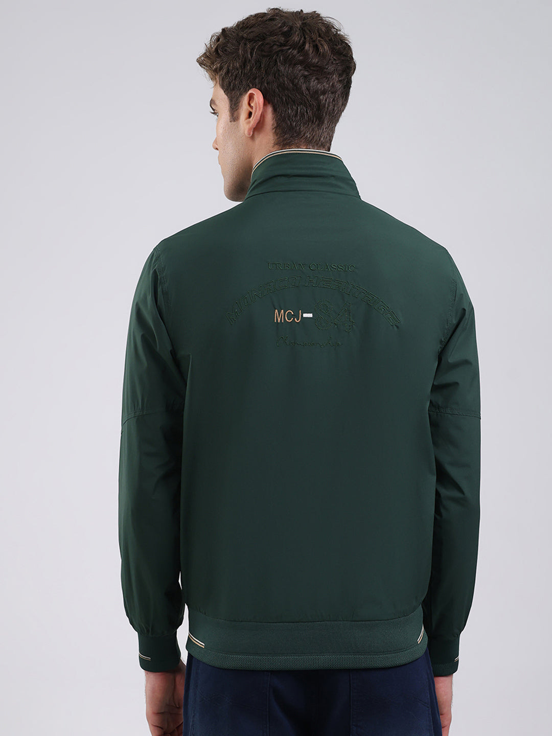 Men Green Solid Stand Collar Full Sleeve Jacket