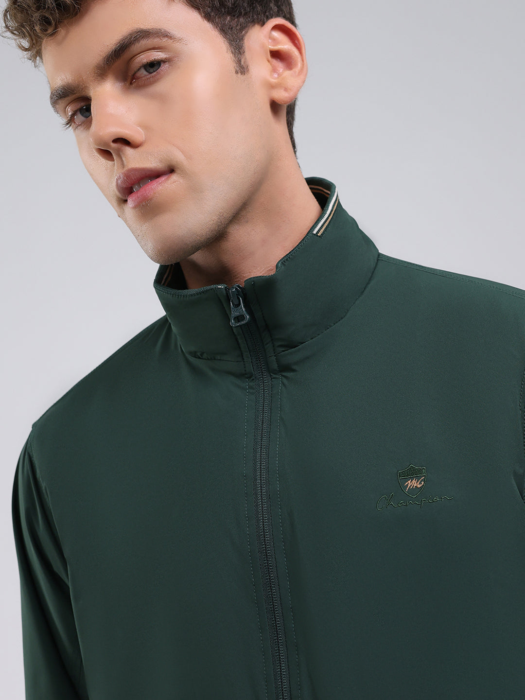 Men Green Solid Stand Collar Full Sleeve Jacket
