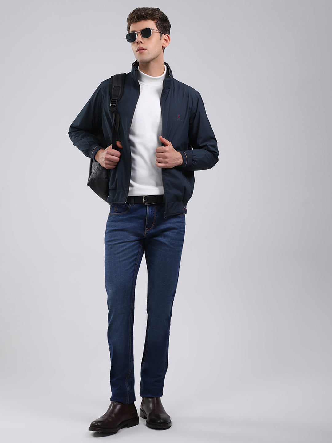 Men Navy Blue Solid Stand Collar Full Sleeve Jacket