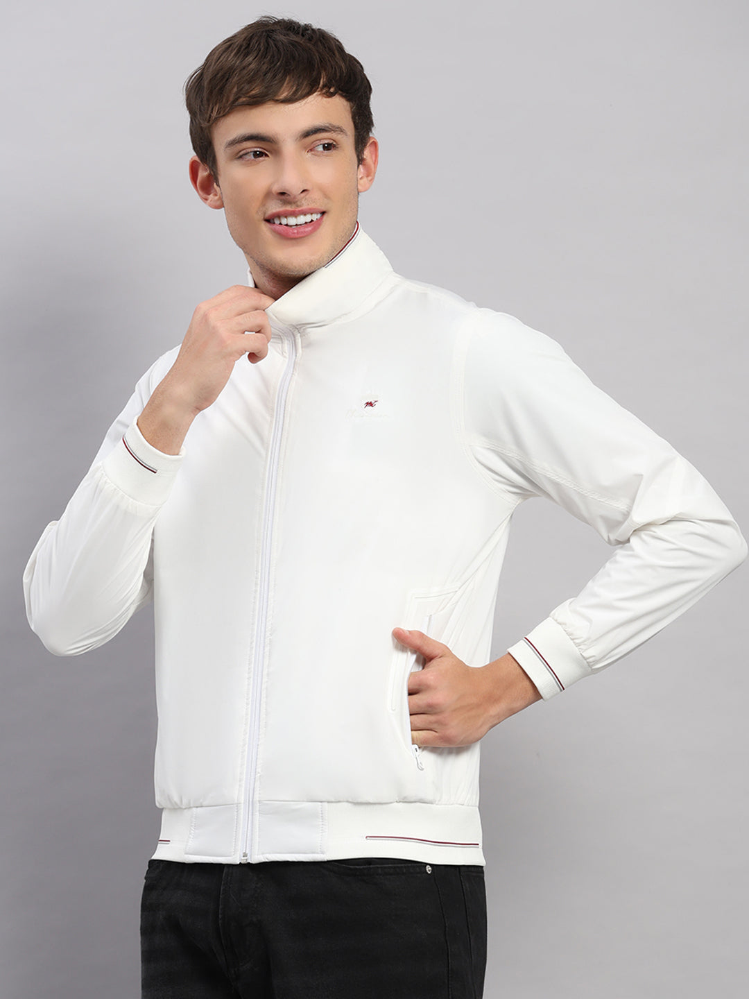 Men White Solid Stand Collar Full Sleeve Jacket