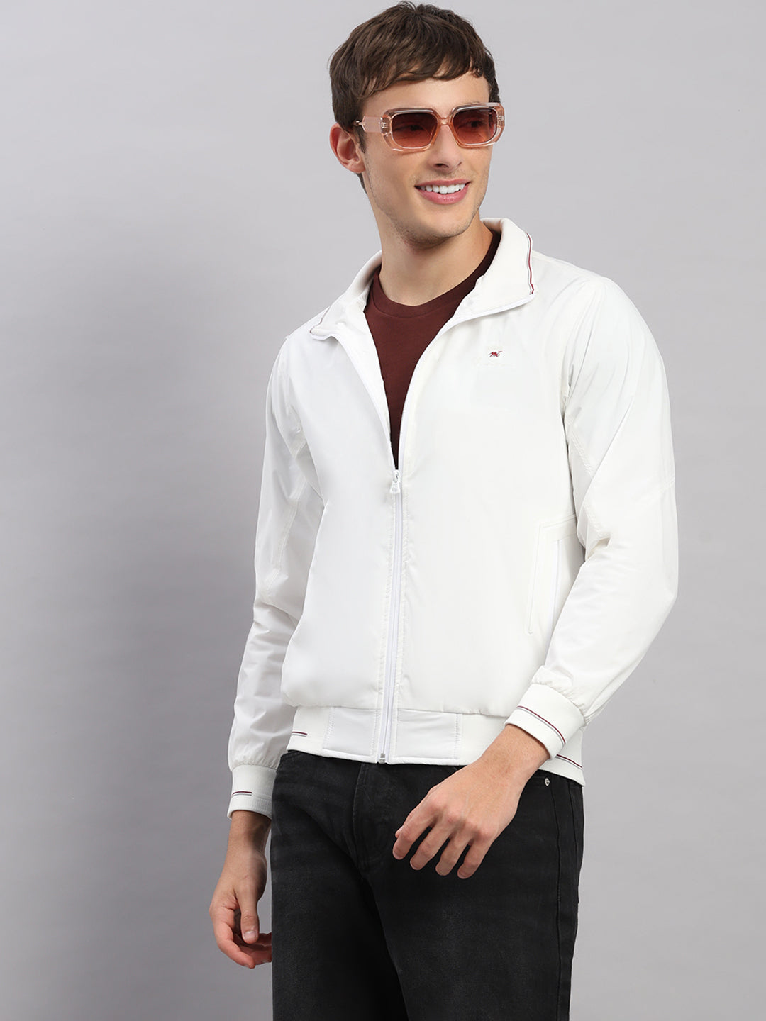 Men White Solid Stand Collar Full Sleeve Jacket